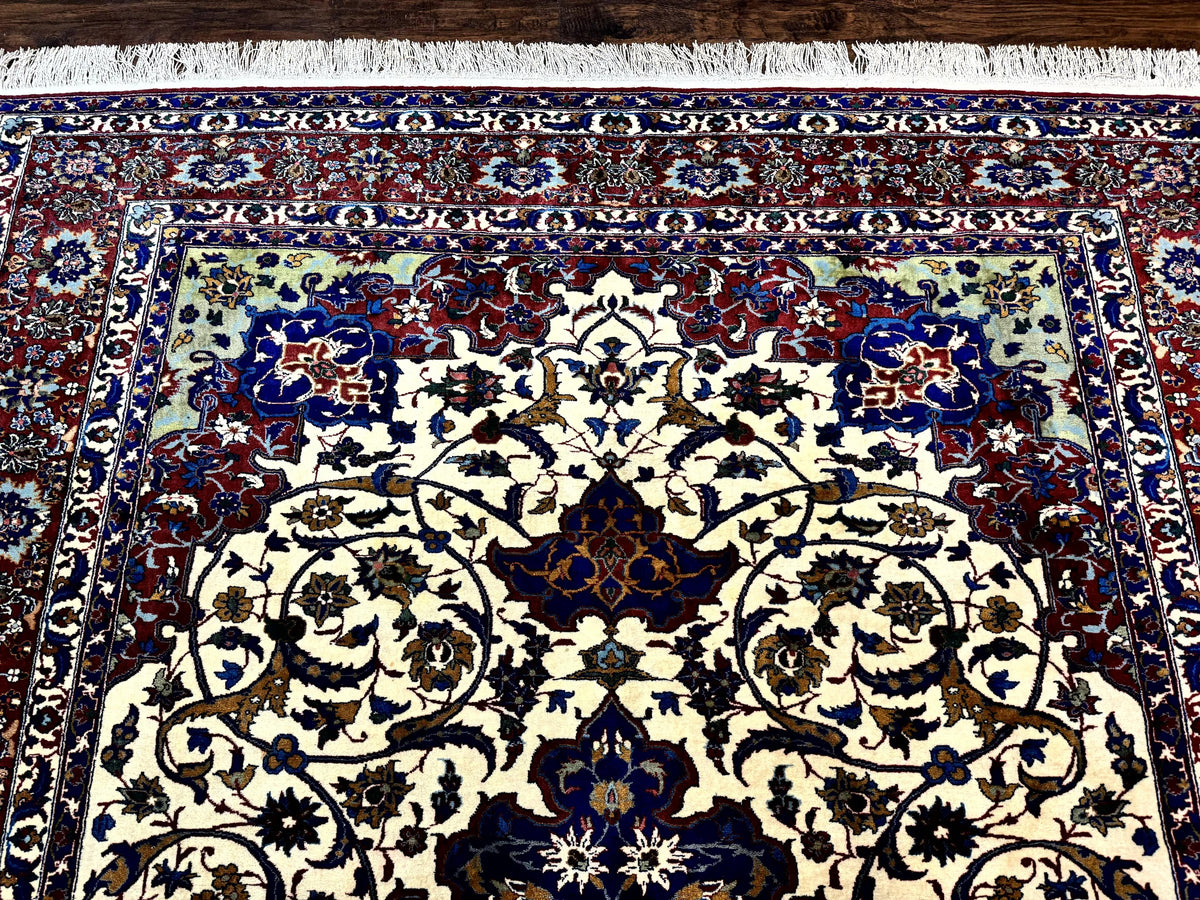 Wonderful Persian Isfahan Rug 7x9, Ivory Navy Blue Red, Floral Medallion, Very Finely Hand Knotted 260 KPSI, Handmade Wool Vintage Rug - Jewel Rugs, view 4