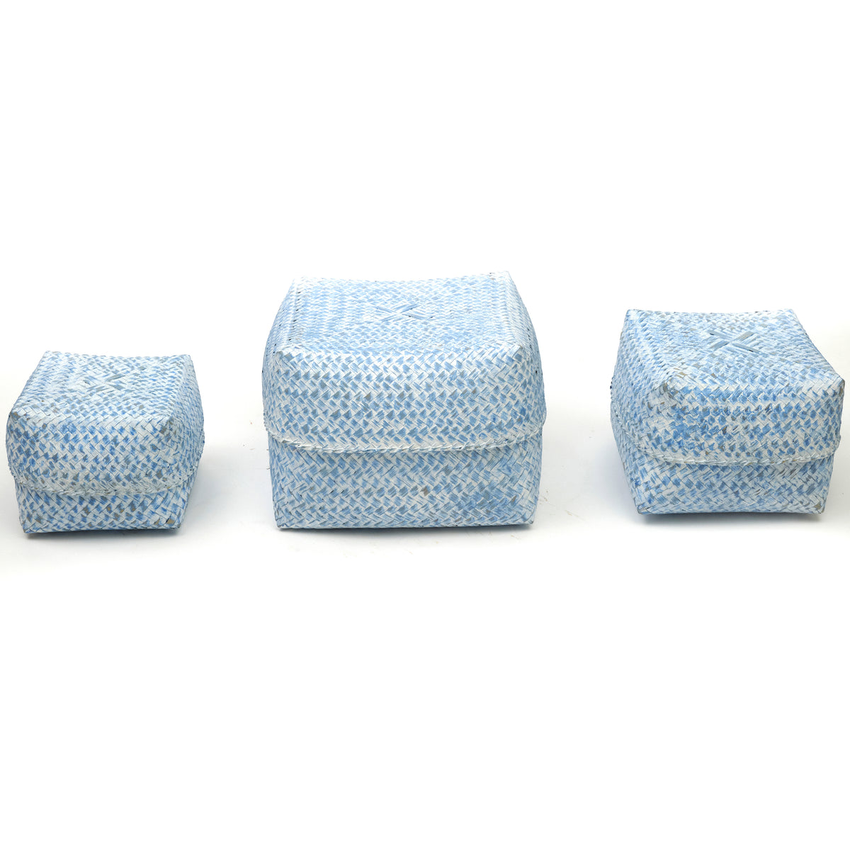 Set of 3 Rattan Boxes Weathered Blue