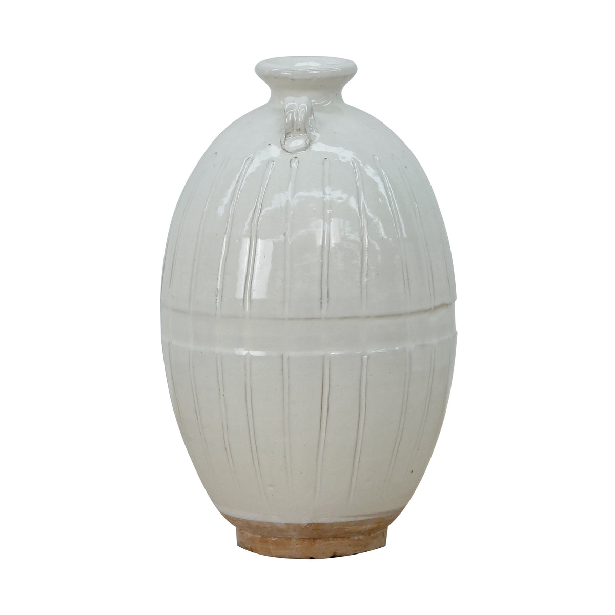12" Off White Ceramic Pot with Stripe Decoration Unglazed Base