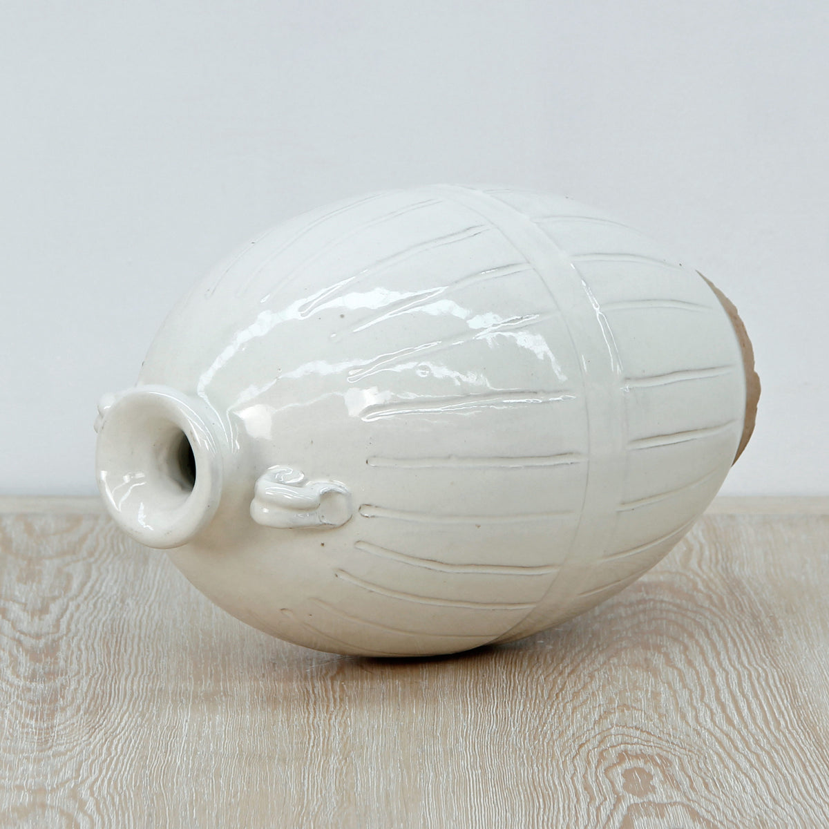 12" Off White Ceramic Pot with Stripe Decoration Unglazed Base