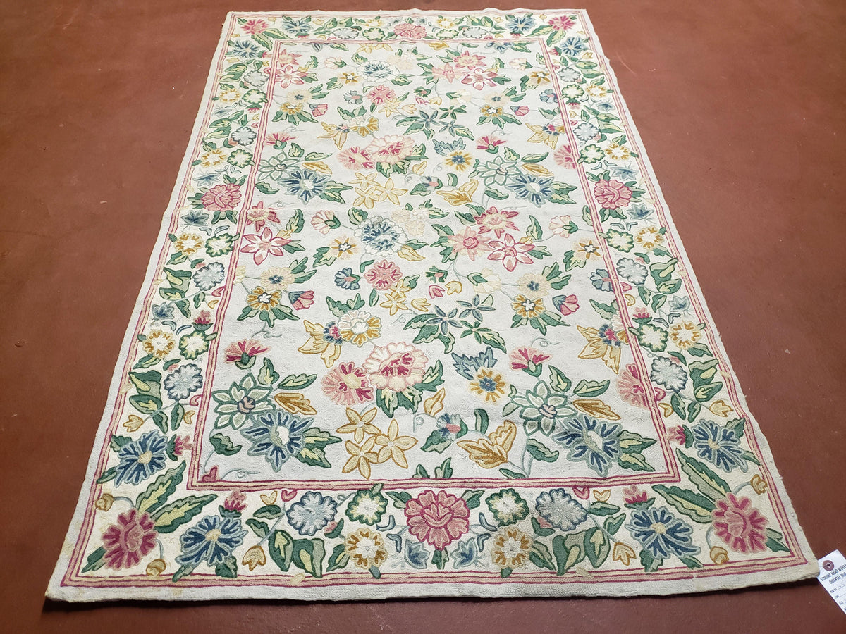 4x6 Chain Stitch Rug 3x5 Indian Rug Hand-Stitched Indo Rug 3' 6" x 5' 5" Floral Pattern Colorful Vintage Wool Pile Cotton Area Rug Flowers - Jewel Rugs, view 2