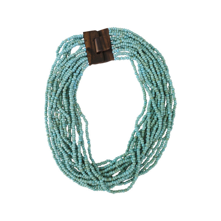 Glass Beads Necklace with Wooden Buckle Aqua Blue image 3