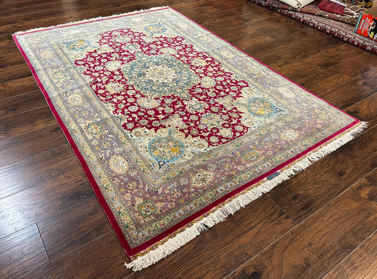 Stunning Persian Tabriz Rug 5x7, Signed by Masterweaver, Maroon, Floral Medallion, Ultra Fine 70 Raj 625 KPSI, Kork Wool Silk Foundation, Handmade - Jewel Rugs, view 3