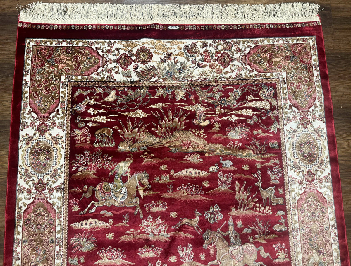 Turkish Silk Hunting Design Rug 4x6, Dark Red & Ivory, Bamboo Silk, New - Jewel Rugs, view 2