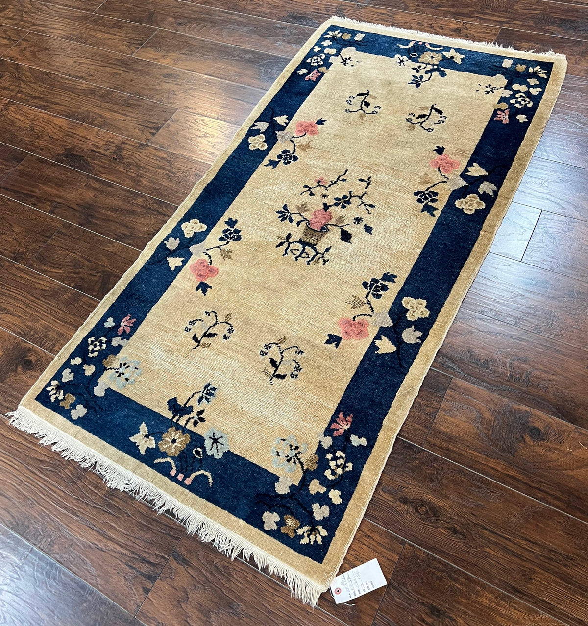 Antique Chinese Peking Rug 3x6, Beige and Dark Blue Hand Knotted Handmade Asian Oriental Carpet, Floral Vases, Vintage Wool Art Deco Rug - Jewel Rugs, view 3