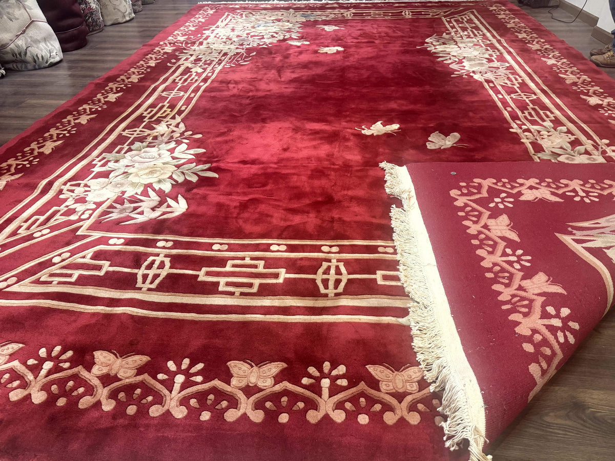 Palace Size Chinese Wool Rug 12x18, Red Art Deco Chinese Carving Carpet, Butterflies Flowers - Jewel Rugs, view 12