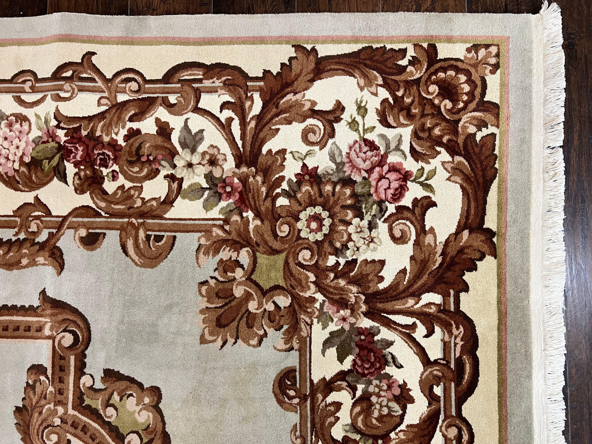 Aubusson Rug 10x13, Cream and Light Mint Green Hand Knotted Handmade French Savonnerie European Carpet, Wool Pile, Large Room Sized Vintage - Jewel Rugs, view 8