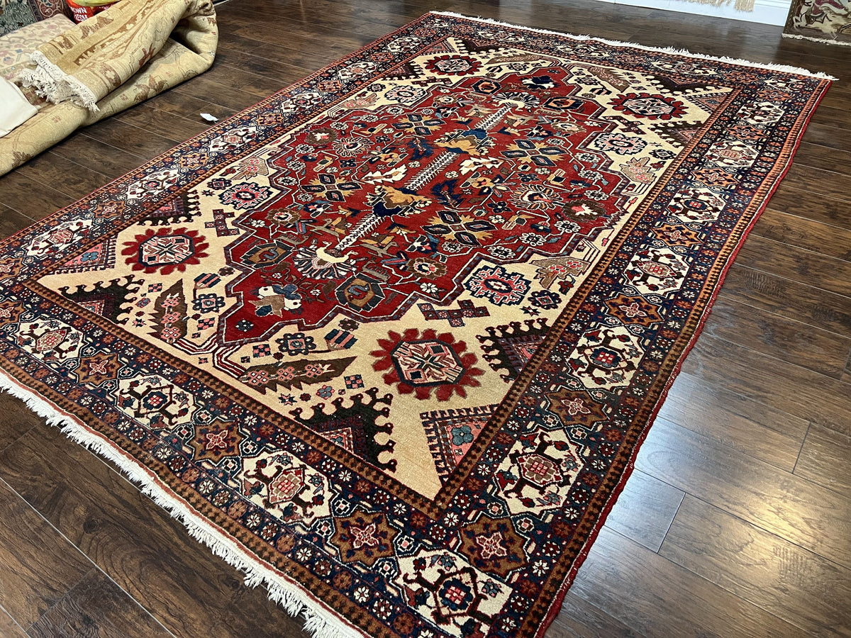 Antique Persian Heriz Rug 8x12 ft, Geometric Tribal Room Sized Carpet, Camel Hair Red Navy Blue, Wool Hand Knotted Medallion Oriental Carpet - Jewel Rugs, view 3