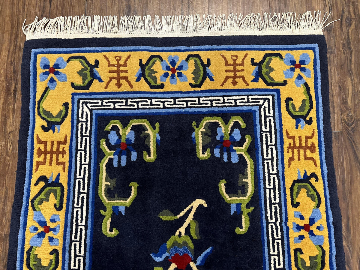 Chinese Art Deco Rug 3 x 5.9, Handmade Chinese Peking Carpet, Dark Blue and Gold, Medallion, Asian Oriental 3x6 Hand Knotted Vintage Rug - Jewel Rugs, view 4
