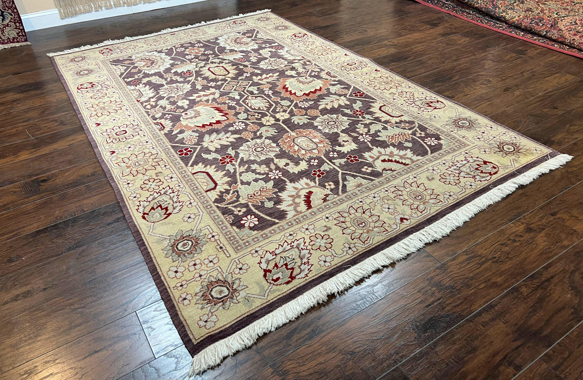 Vintage Indo Mahal Area Rug 6x9, Indian Persian Oriental Carpet 6 x 9, Puce Eggplant Tan Beige Rug, Hand-Knotted, Large Floral Design Wool - Jewel Rugs, view 12