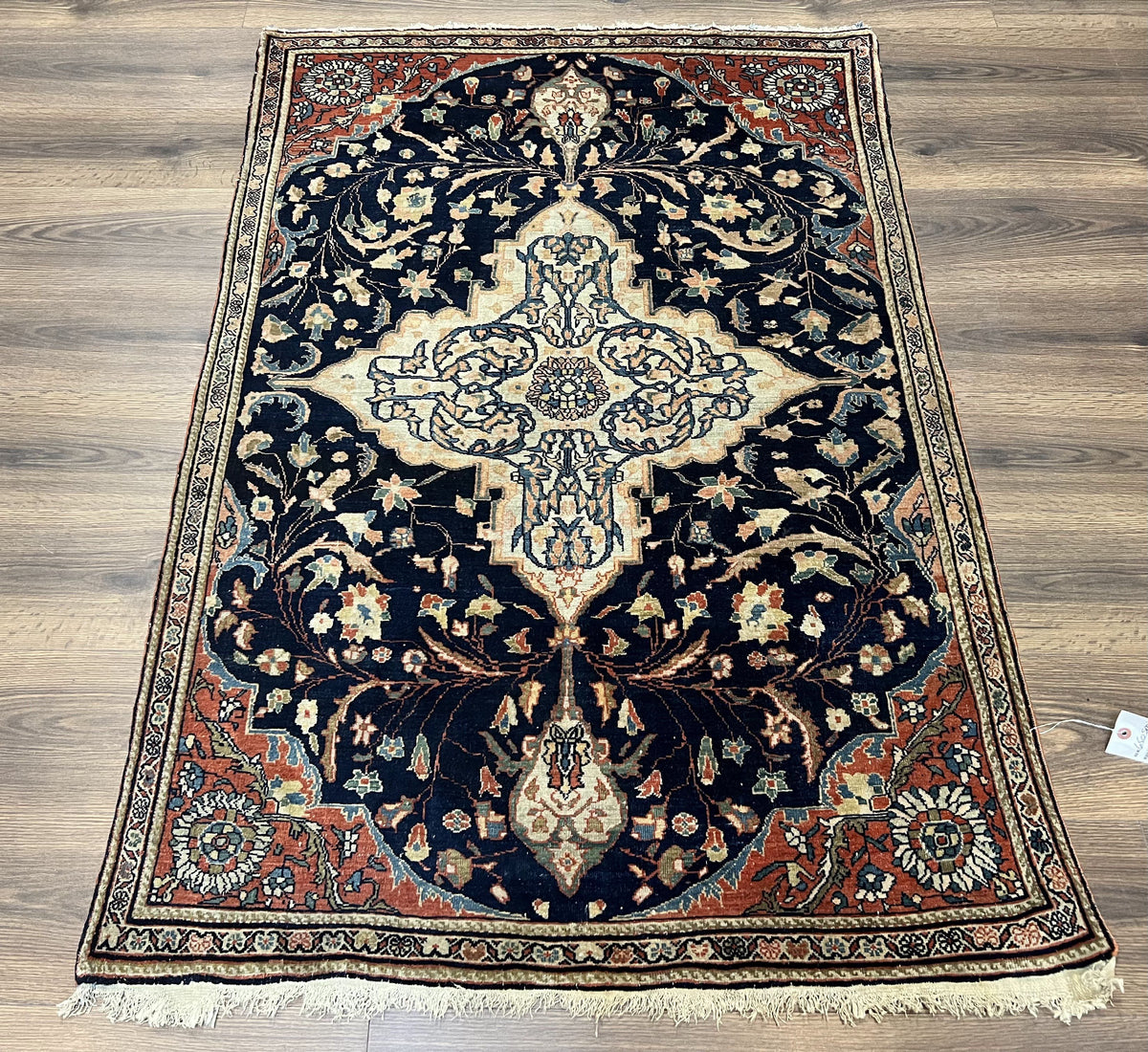 Antique Persian Rug 3.5 x 5, Sarouk Farahan Rug, High Quality 1920s Fine Oriental Carpet 3 x 5 ft, Large Medallion, Floral, Navy Blue Red, Hand Knotted Wool Rug - Jewel Rugs, view 2