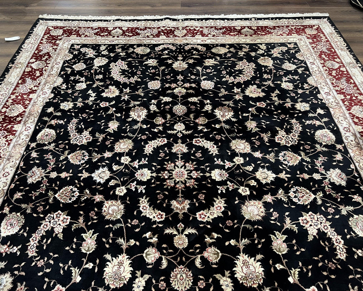 Sino Persian Rug 9x12, High Quality Oriental Carpet, Black and Maroon, Wool and Silk, Allover Floral Pattern, Hand Knotted, Vintage Rug Nice - Jewel Rugs, view 11