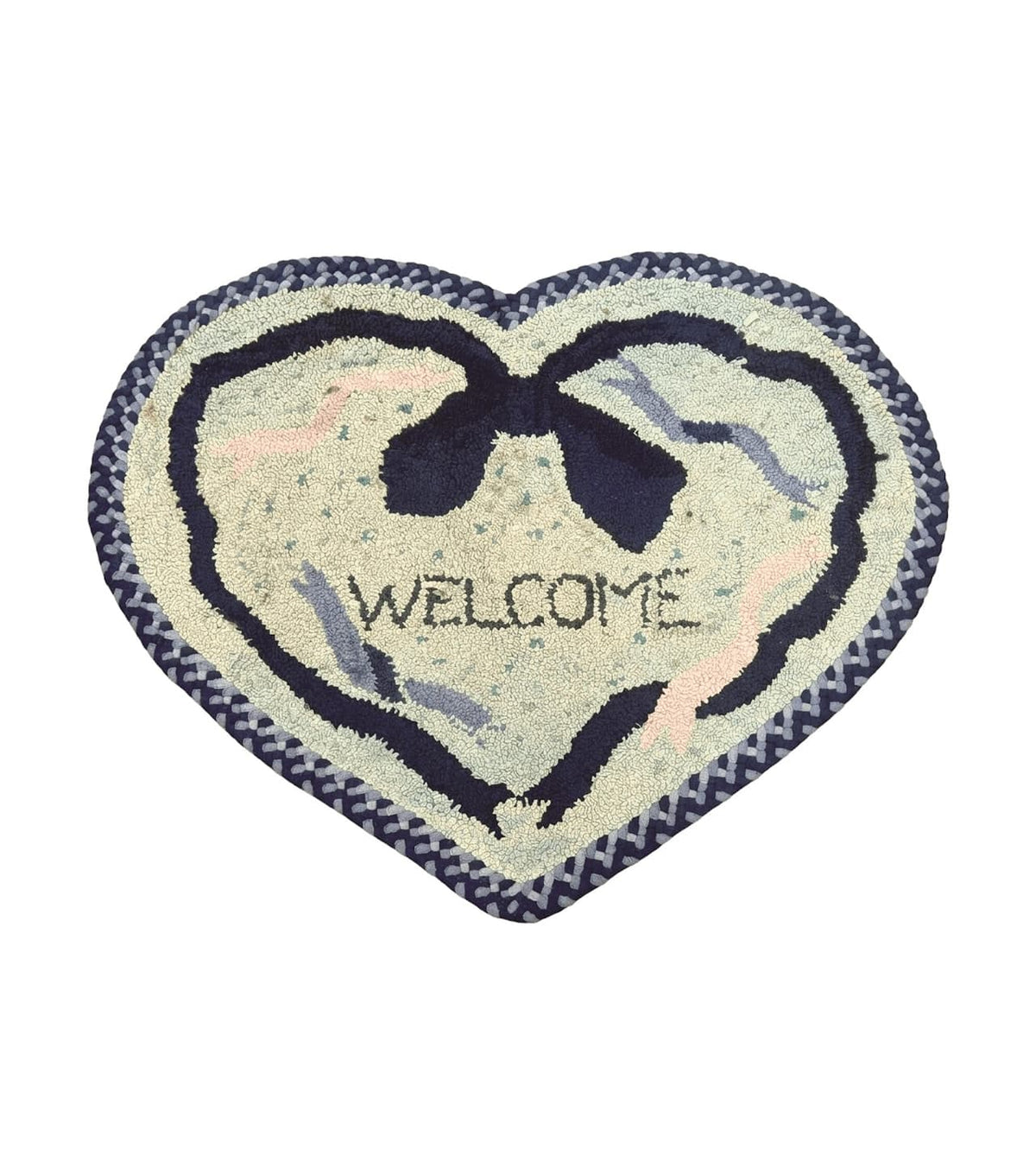 Small American Hooked Rug, Vintage Welcome Mat, Heart Shaped, Ivory and Blue - Jewel Rugs
