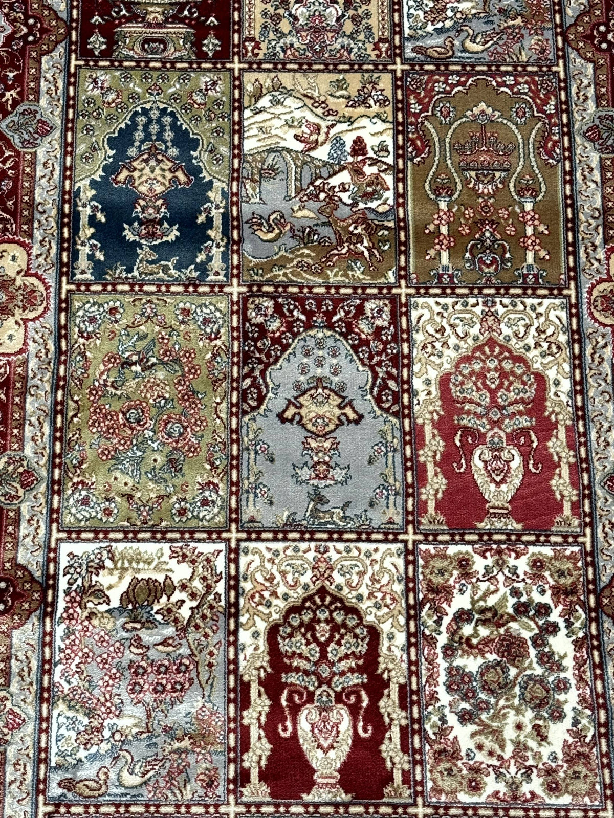 Turkish Silk Runner Rug 2.6 x 11.6, Panel Design, Dark Red Ivory, Bamboo Silk, New - Jewel Rugs, view 4
