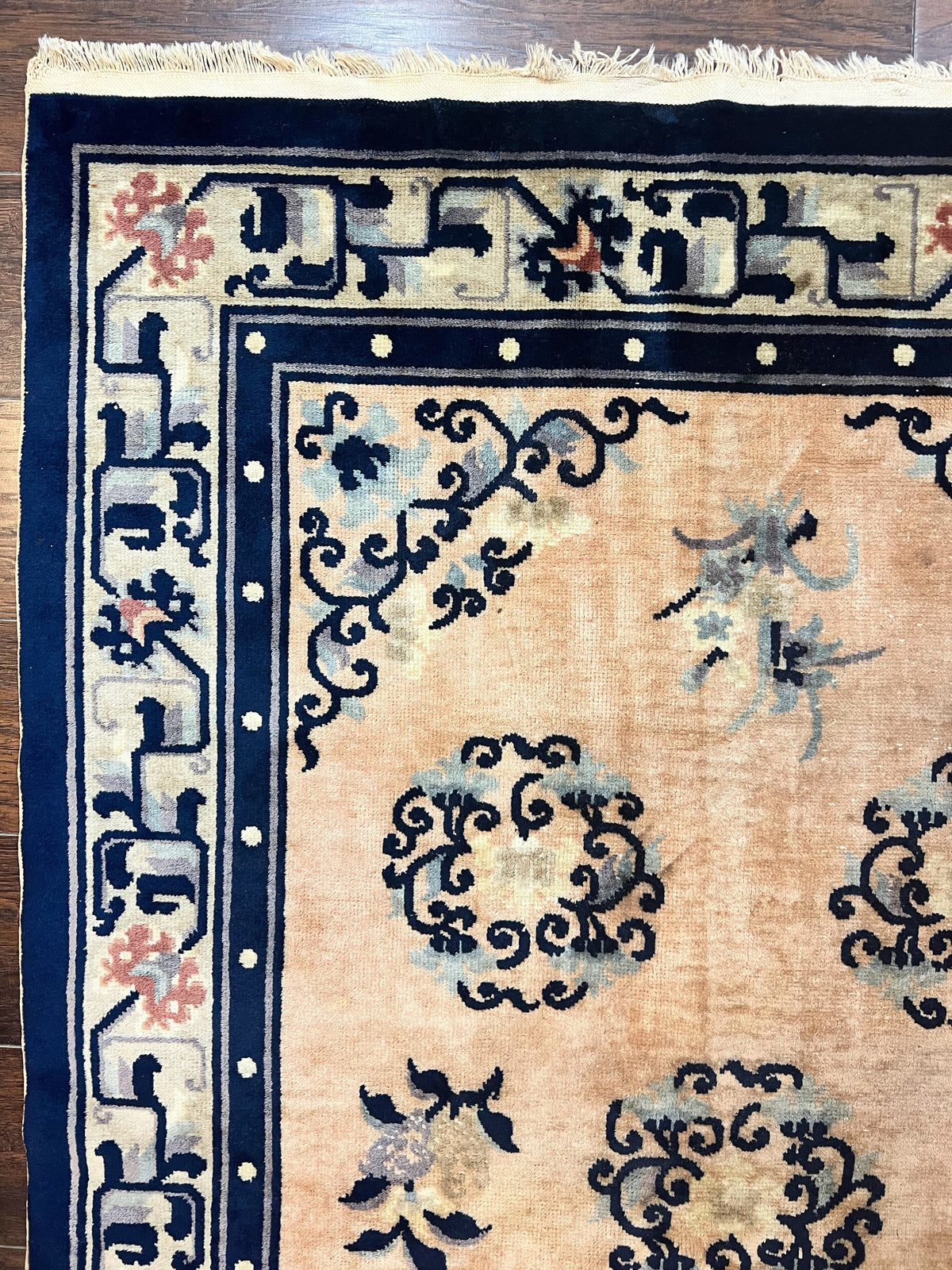 Chinese Peking Rug 4x6, Wool Hand Knotted Handmade Vintage Semi Antique Carpet, Semi Open Field, Light Peach & Navy Blue, Art Deco Rug - Jewel Rugs, view 7