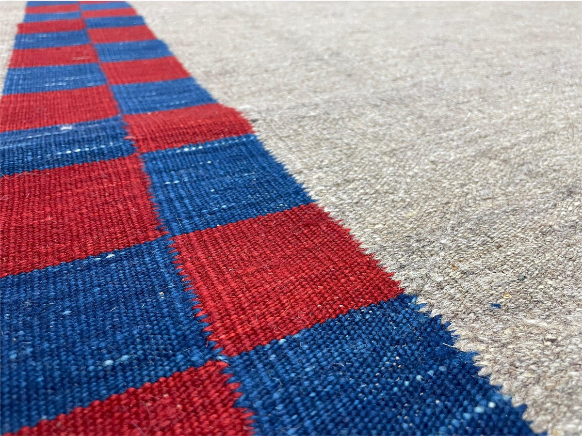 5' 7" x 7' 9" Geometric Kilim Carpet, Gray, Handmade, Hand-Knotted Area Rug, Blue & Red, Flatweave, Wool, New, Checkerboard Pattern - Jewel Rugs, view 7