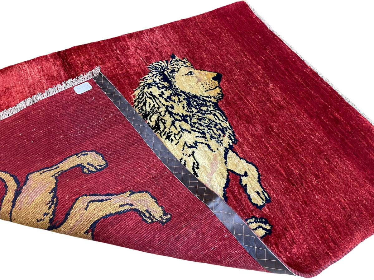 3 X 5 Handmade Hand-Knotted Quality Wool Rug New Vintage Lion Red Pictorial - Jewel Rugs, view 8