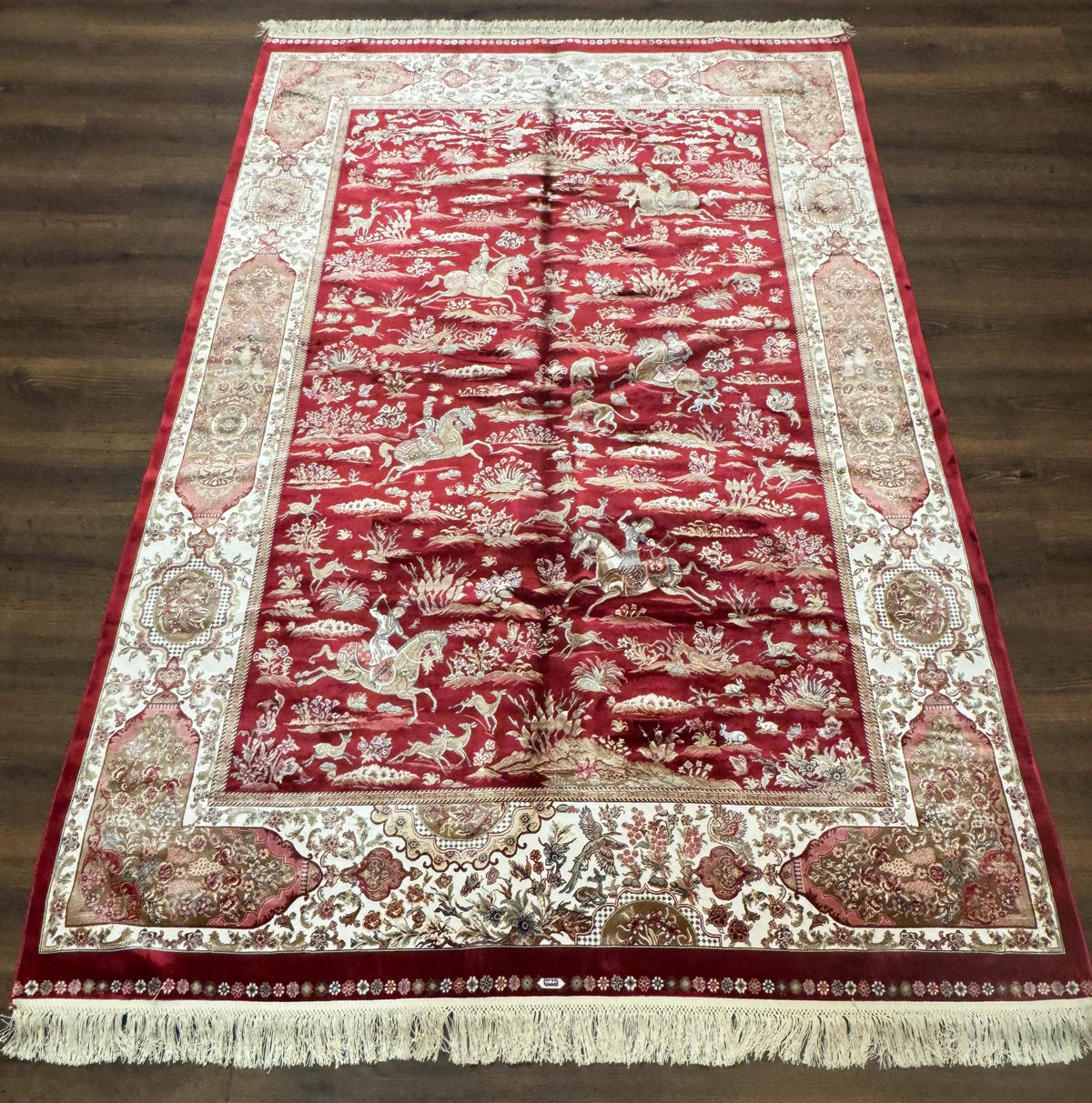 Turkish Silk Hunting Scene Rug 5 x 7.6, Red & Ivory, Bamboo Silk, New - Jewel Rugs, view 2
