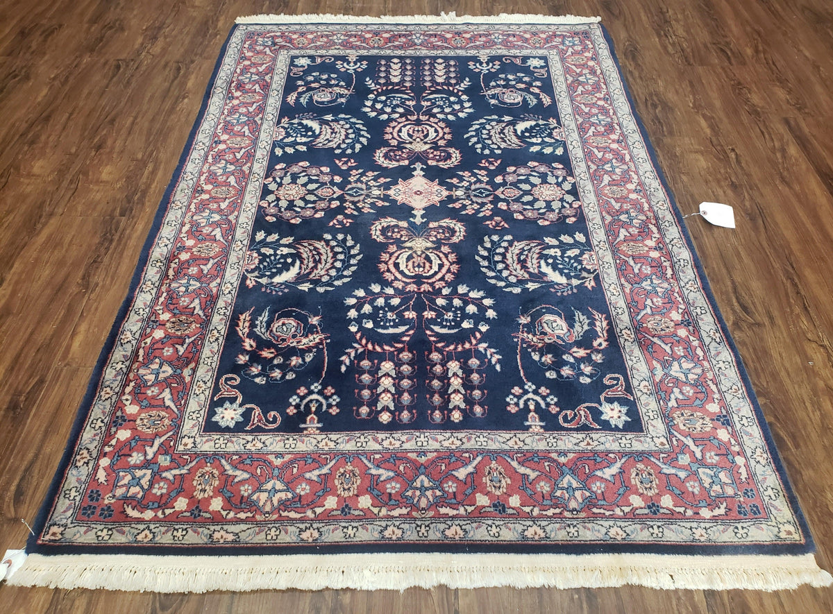 Dark Blue Indo Persian Rug 4x6, Medium Size Hand Knotted Oriental Carpet, Traditional Floral Indian Rug, Blue and Red Entryway Rug, Wool Rug - Jewel Rugs, view 2