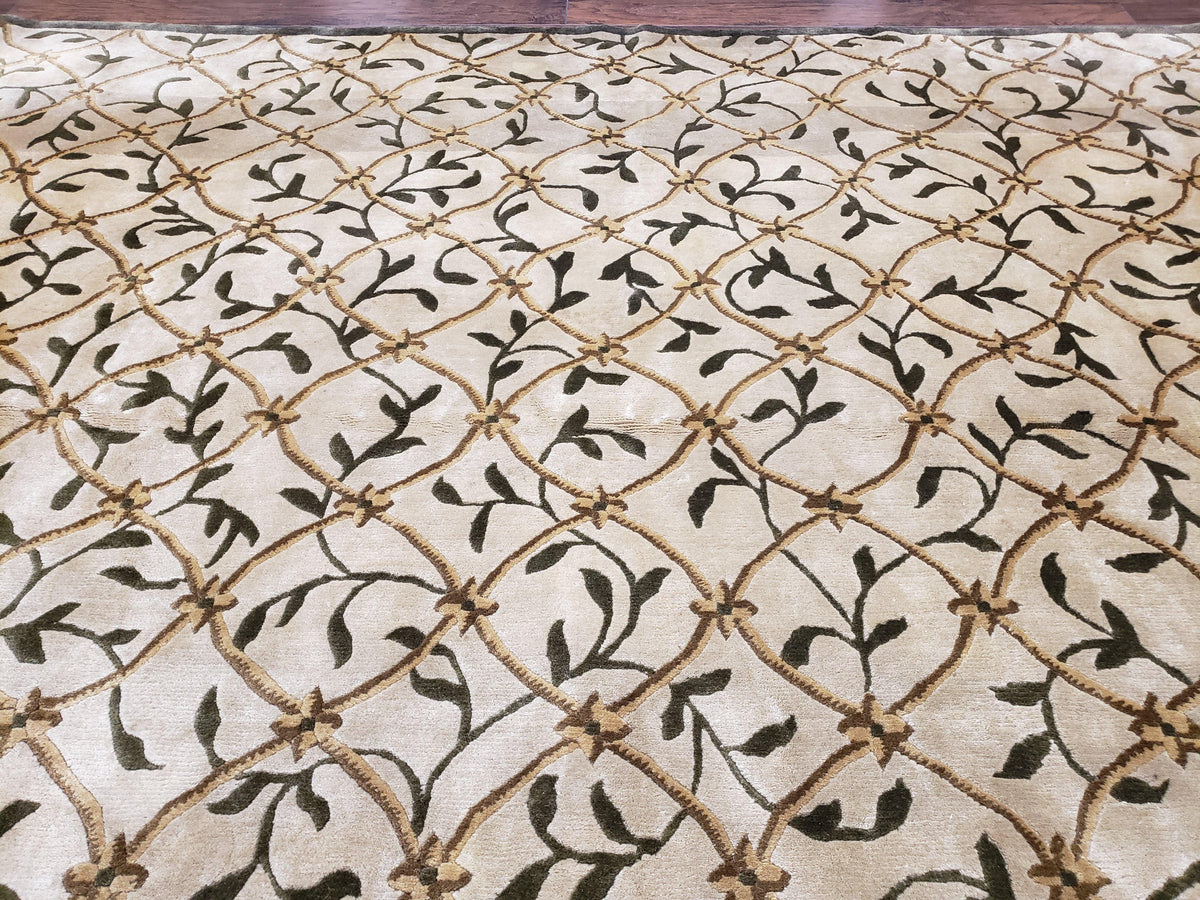 Vintage Tibetan Nepalese Area Rug 9x12, Wool Hand-Knotted, Beige Nepali Soft Pile Carpet, 9 x 12 Living Room Modern Dining Room Rug - Jewel Rugs, view 12