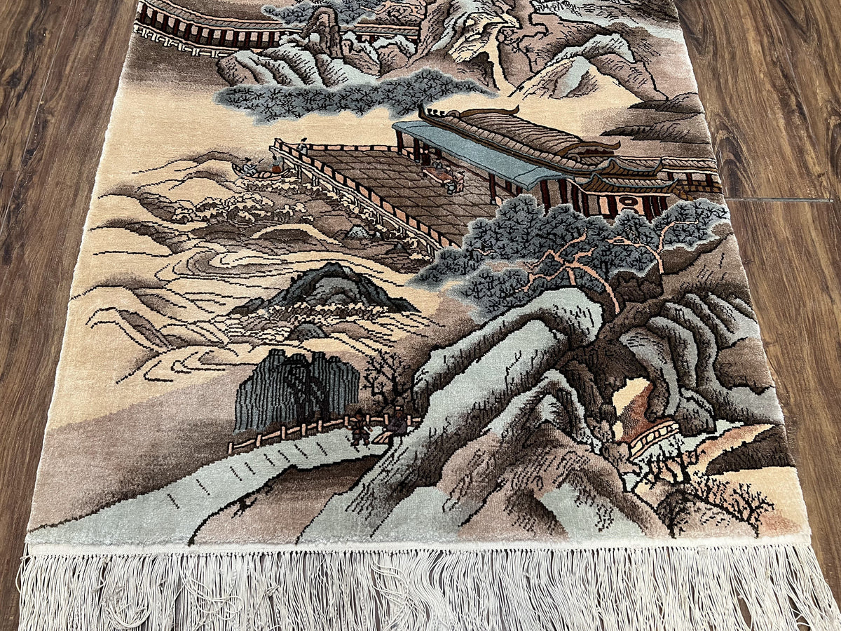 Silk Chinese Wall Hanging Rug 3x6 ft Tapestry, Pagoda Scene, Pictorial, High Quality Fine Hand Knotted Vintage, Asian Oriental Handmade Nice - Jewel Rugs, view 6
