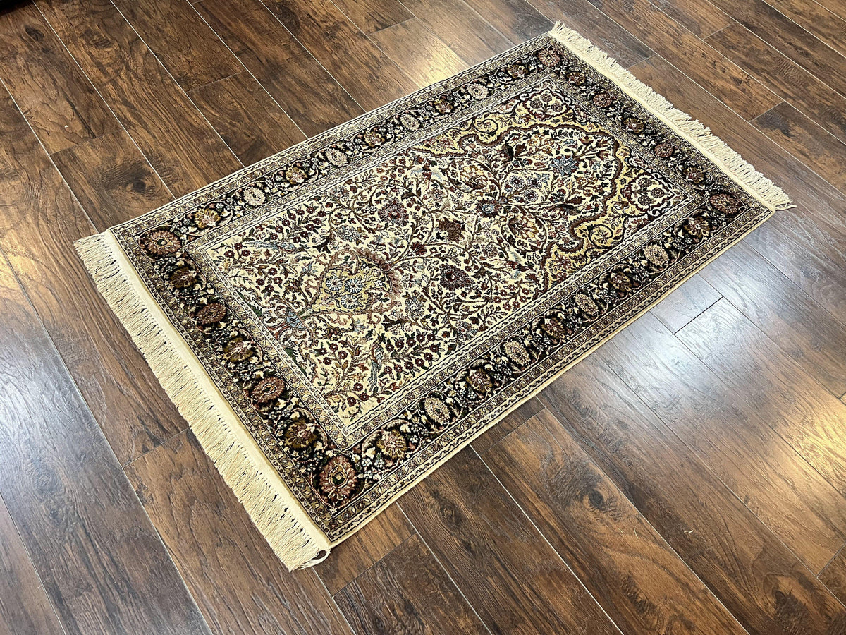 Turkish Kayseri Silk Rug 3x5, Tree of Life Silk Oriental Carpet, Birds Persian Vase Design, Hand Knotted Vintage Fine Rug, 340 KPSI - Jewel Rugs, view 2