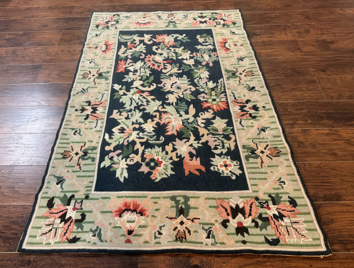 Vintage American Needlepoint Rug 4x6, Dark Green, Wool, Handmade, Flatweave Carpet - Jewel Rugs, view 2
