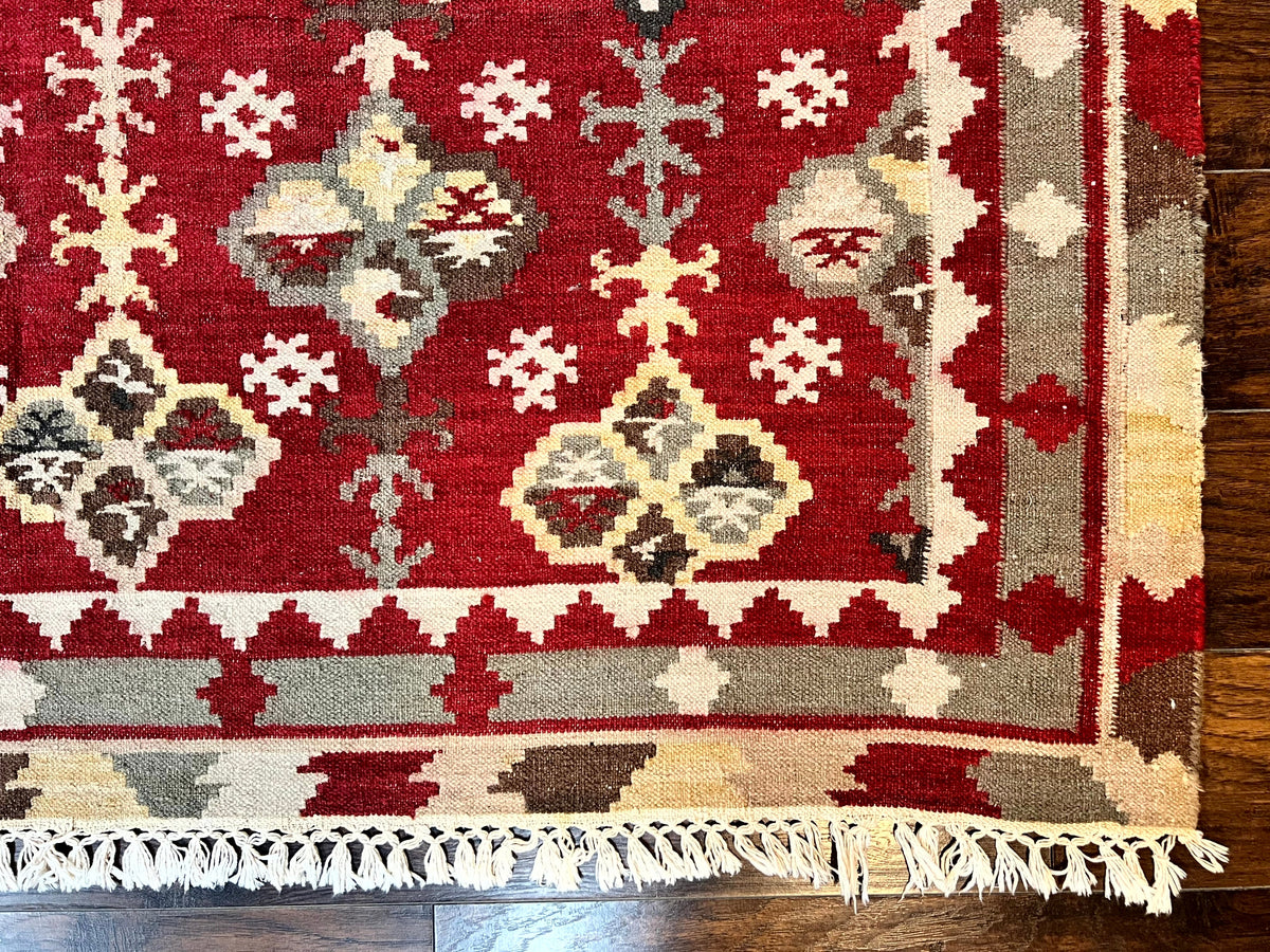 Indian Kilim Rug 6x6, Square Kilim Flatweave Carpet, Vintage Handmade Wool Rug, Red - Jewel Rugs, view 10