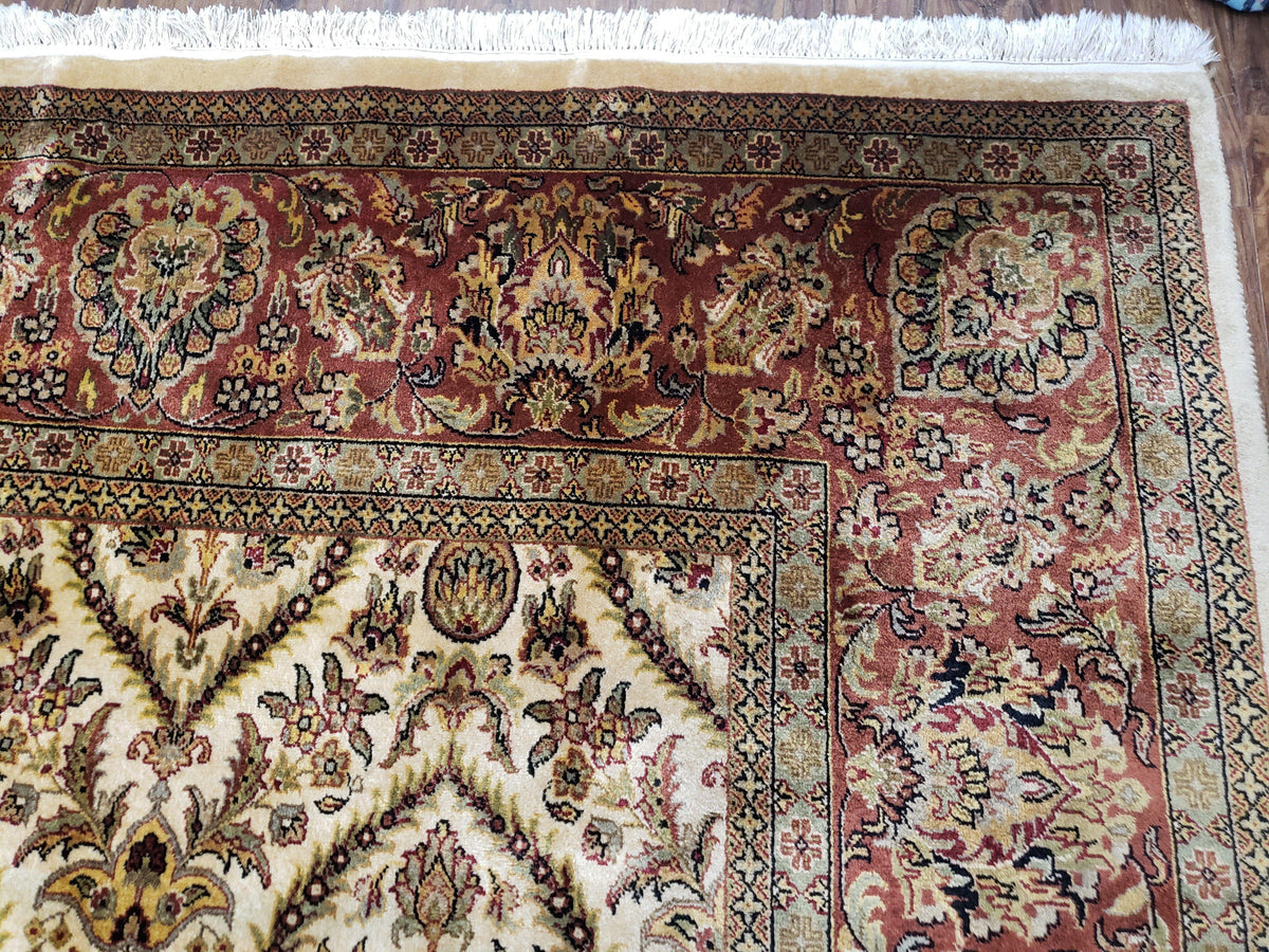 Vintage Indo Persian Area Rug 9x12, Wool Hand-Knotted Ivory & Dark Red Oriental Carpet, Fine Weave 9 x 12 Indian Rug, Dining Room Rug - Jewel Rugs, view 8