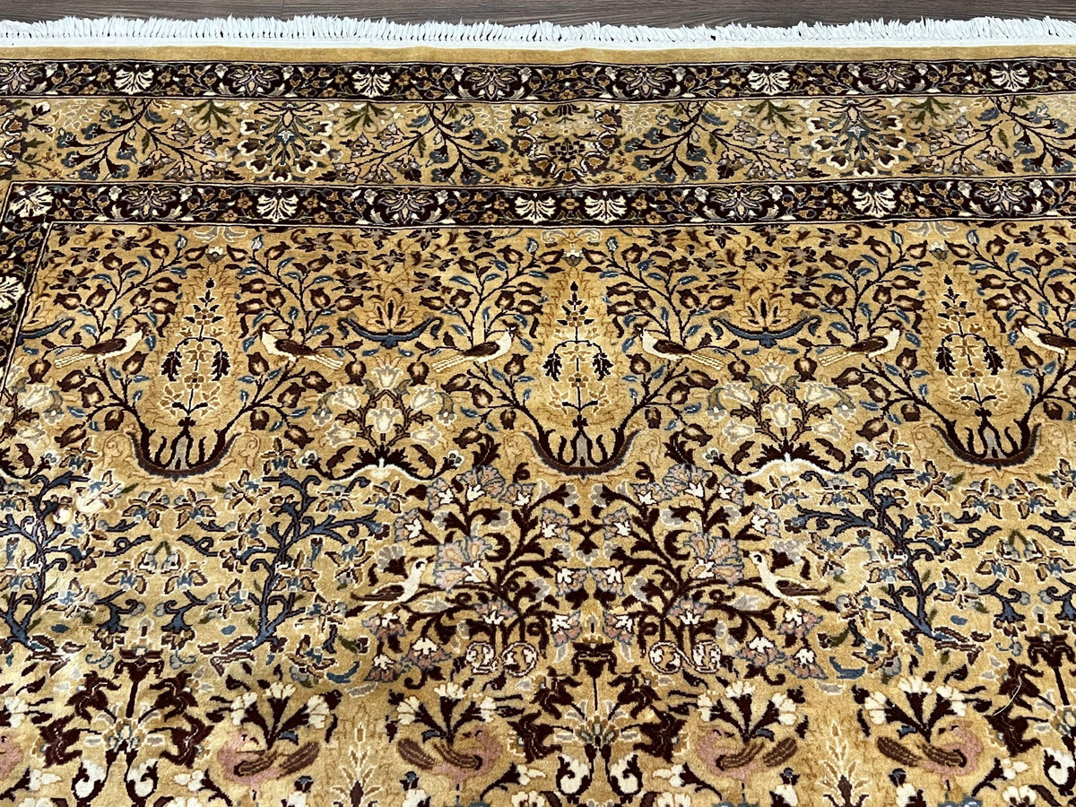 Pretty Indo Persian Rug 6x9, Allover Floral Motif with Birds, Tan/Cream, Very Fine Oriental Carpet, Hand Knotted Vintage Indian Wool Rug - Jewel Rugs, view 3
