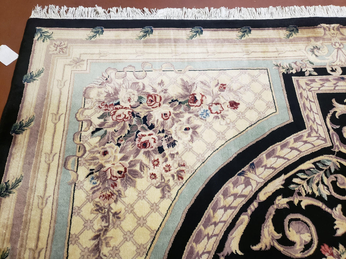 8x10 Aubusson Rug, Fine Hand Knotted Wool Carpet, French European Design, Black & Ivory - Jewel Rugs, view 5