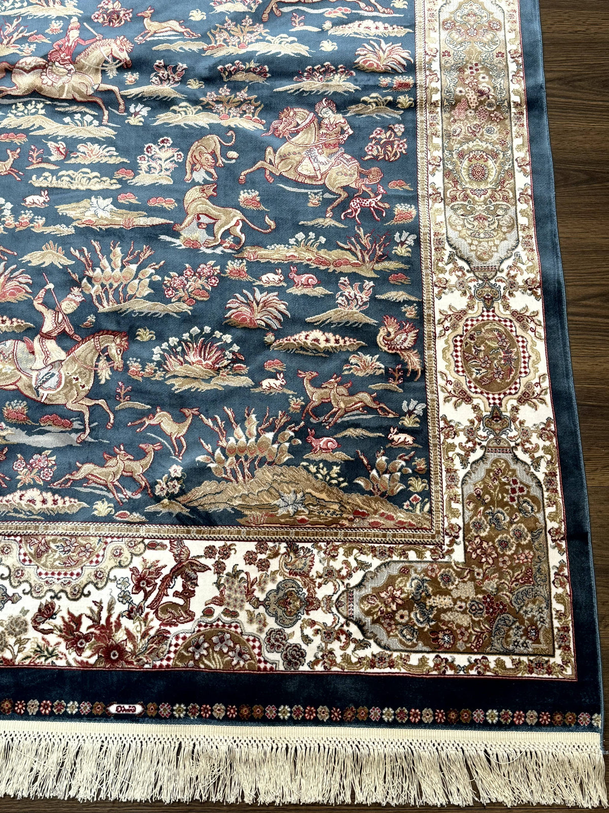 Turkish Silk Hunting Design Rug 4x6, Dark Steel Blue & Ivory, Bamboo Silk, New - Jewel Rugs, view 7