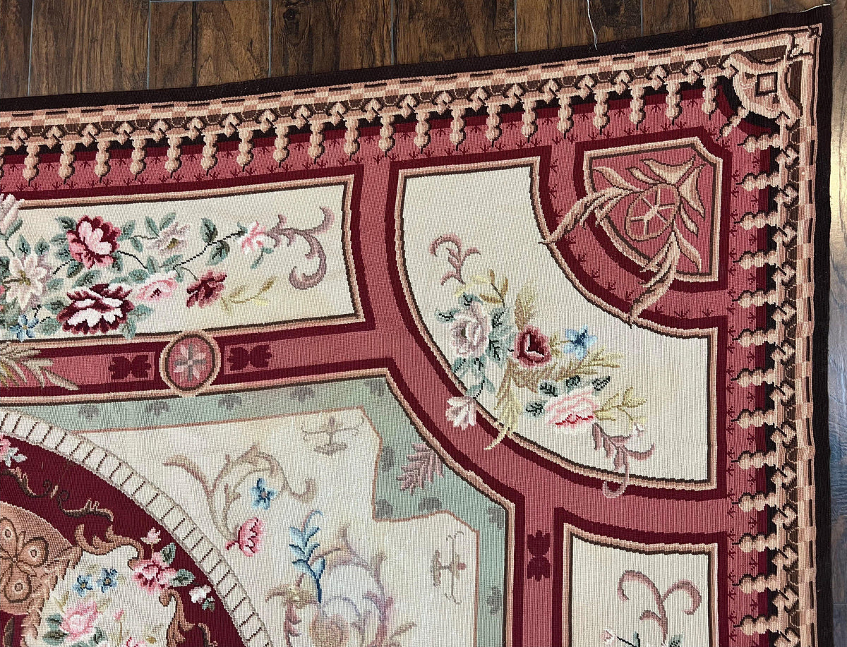 Needlepoint Rug 7.9 x 9, Beige Maroon Rose, Handmade Handwoven Flatweave Aubusson Savonnerie French European Elegant Carpet, Wool Rug - Jewel Rugs, view 8