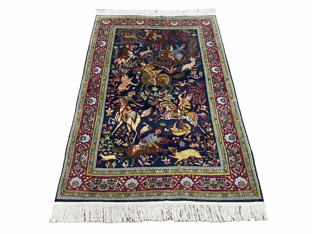 Indian Kashmiri Wool & Silk Rug 4x6 ft, Hunting Scene, Midnight Blue, Hand-Knotted, Archers, Swords, Horses, Vintage Antique Oriental Carpet - Jewel Rugs, view 2