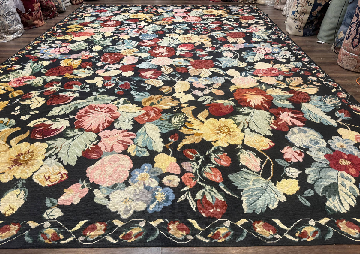 Palace Size Needlepoint Rug 12x18, Vintage Spanish Portuguese Carpet, Floral Design - Jewel Rugs, view 2