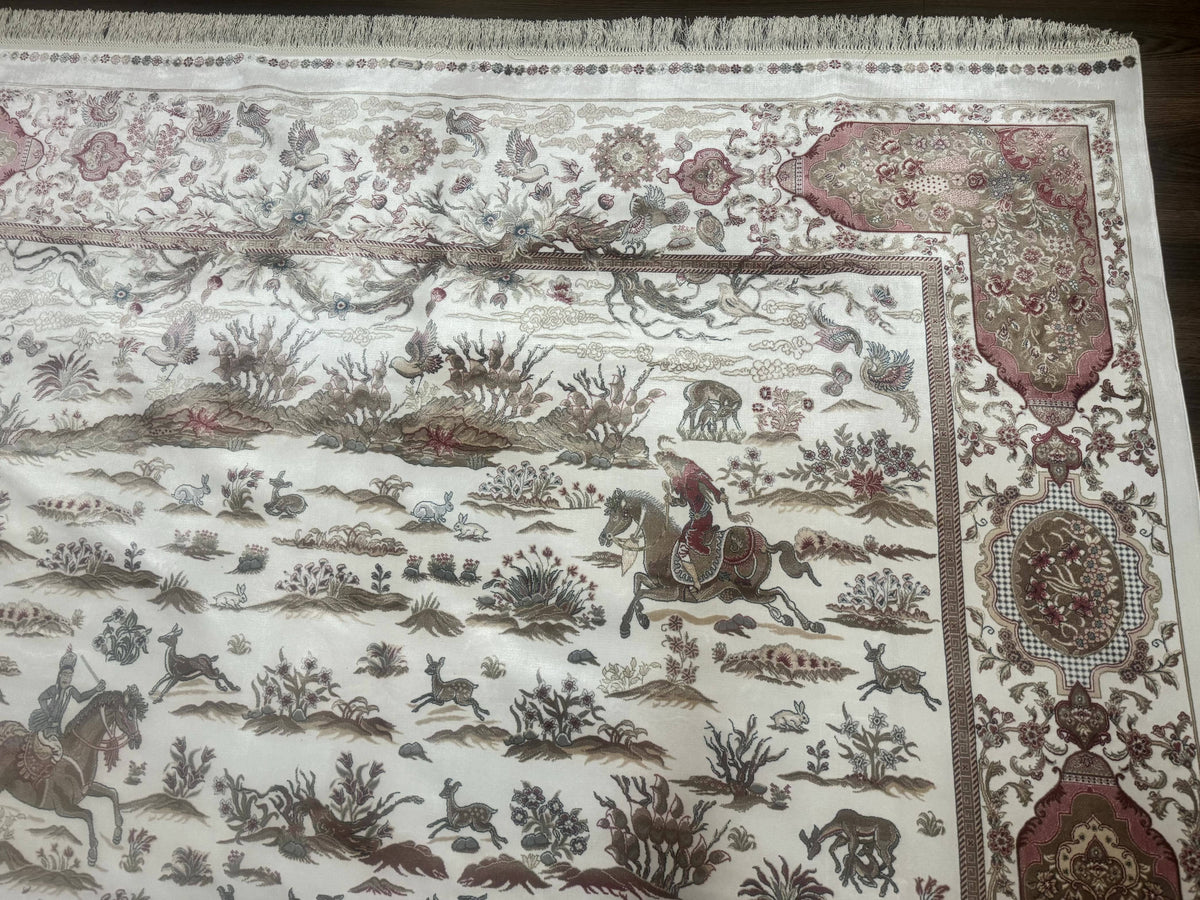 Large Turkish Silk Rug 8x10, Ivory, Hunting Design, Bamboo Silk, New - Jewel Rugs, view 8