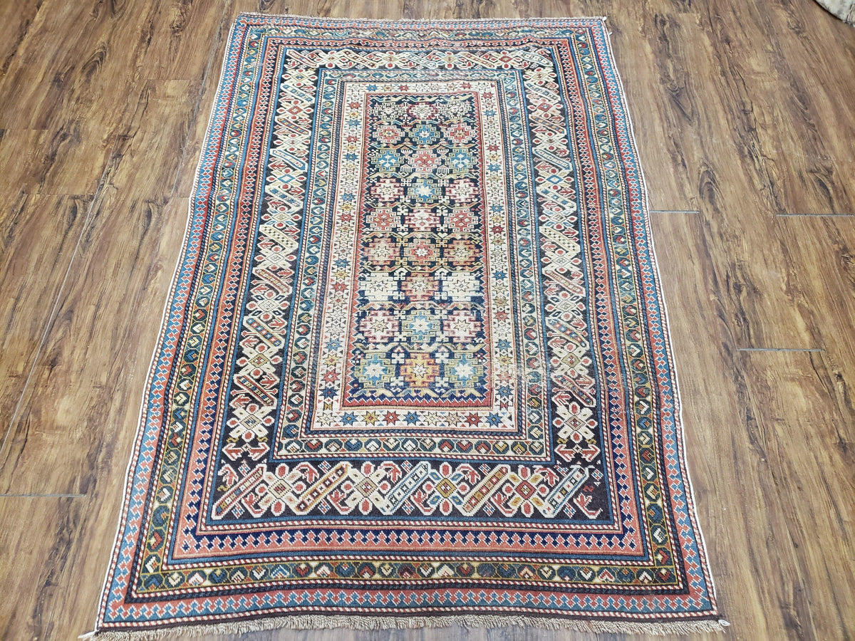 Caucasian Rug 3'9" x 5'7", Antique 1920s Collectible Caucasian Chi Chi Carpet, Hand Knotted, Colorful, Dark Blue Cream Red, Wool, Small Rug - Jewel Rugs, view 2