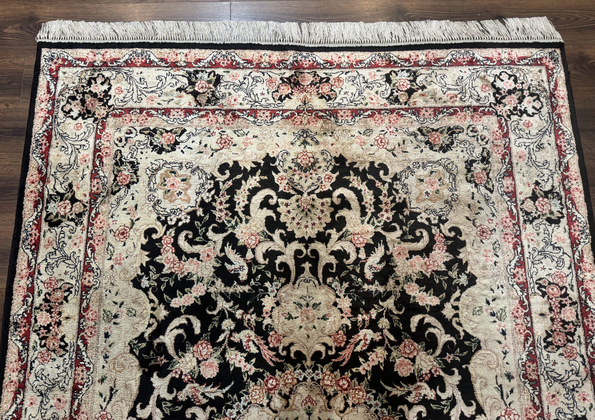Indian Kashmiri Silk Rug, Floral Medallion, Vintage Hand Knotted Carpet - Jewel Rugs, view 3