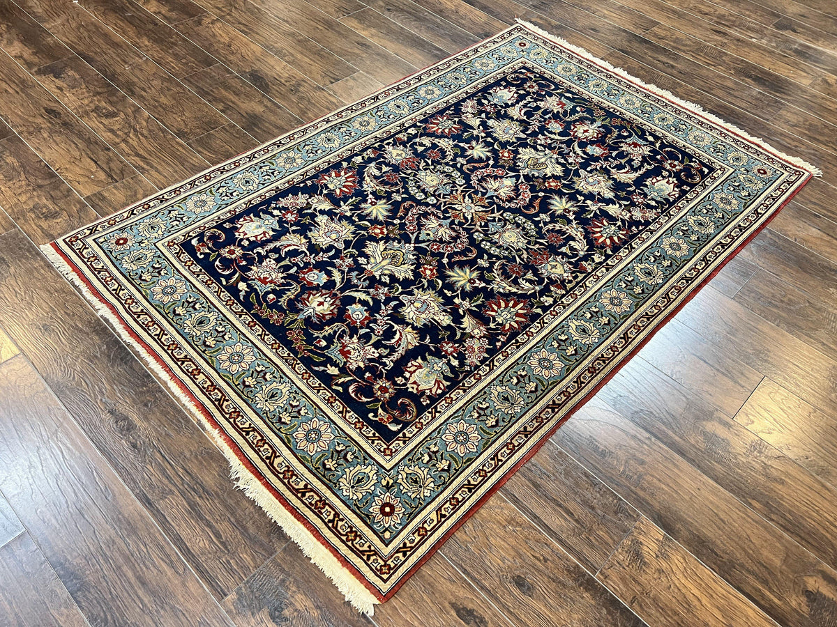 Blue Persian Qum Rug 5x7, Very Fine and Wonderful Authentic Persian Carpet, Wool Hand Knotted Vintage Semi Antique Oriental Rug, Floral, Ghom Qom Rug - Jewel Rugs, view 2