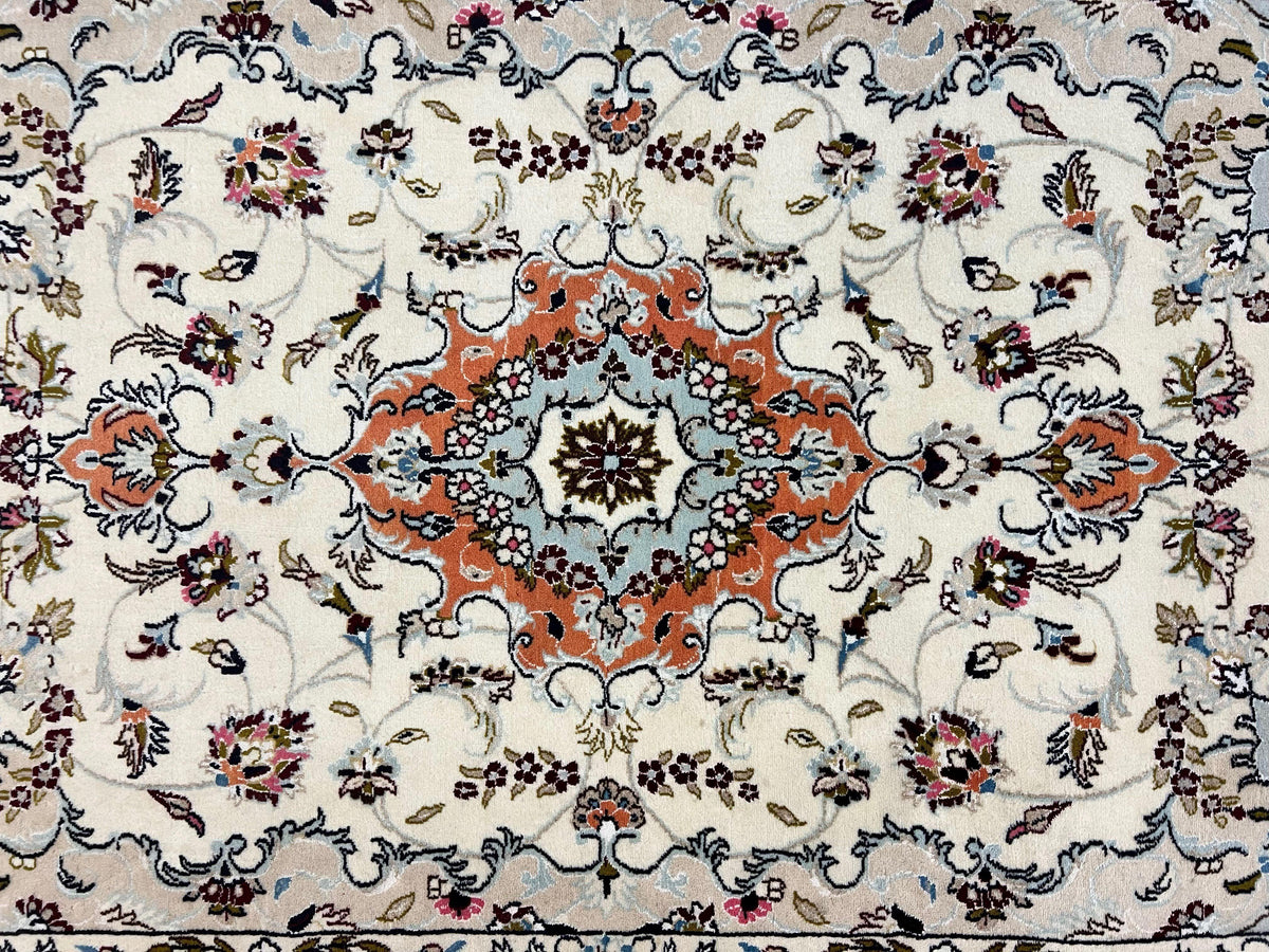 Persian Tabriz Rug 4.5  x 6.8, Finely Hand Knotted Wool with Silk Highlights Vintage Oriental Carpet, Cream and Salmon, High KPSI, Floral Medallion - Jewel Rugs, view 5