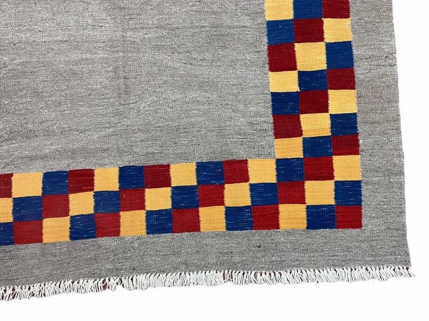 Gray Kilim Carpet, Yellow, Red, Blue Checkerboard Pattern, Flatweave, New, Geometric, Hand-Knotted, Wool, Turkish Area Rug, 5' 9" x 7' 9" - Jewel Rugs, view 10