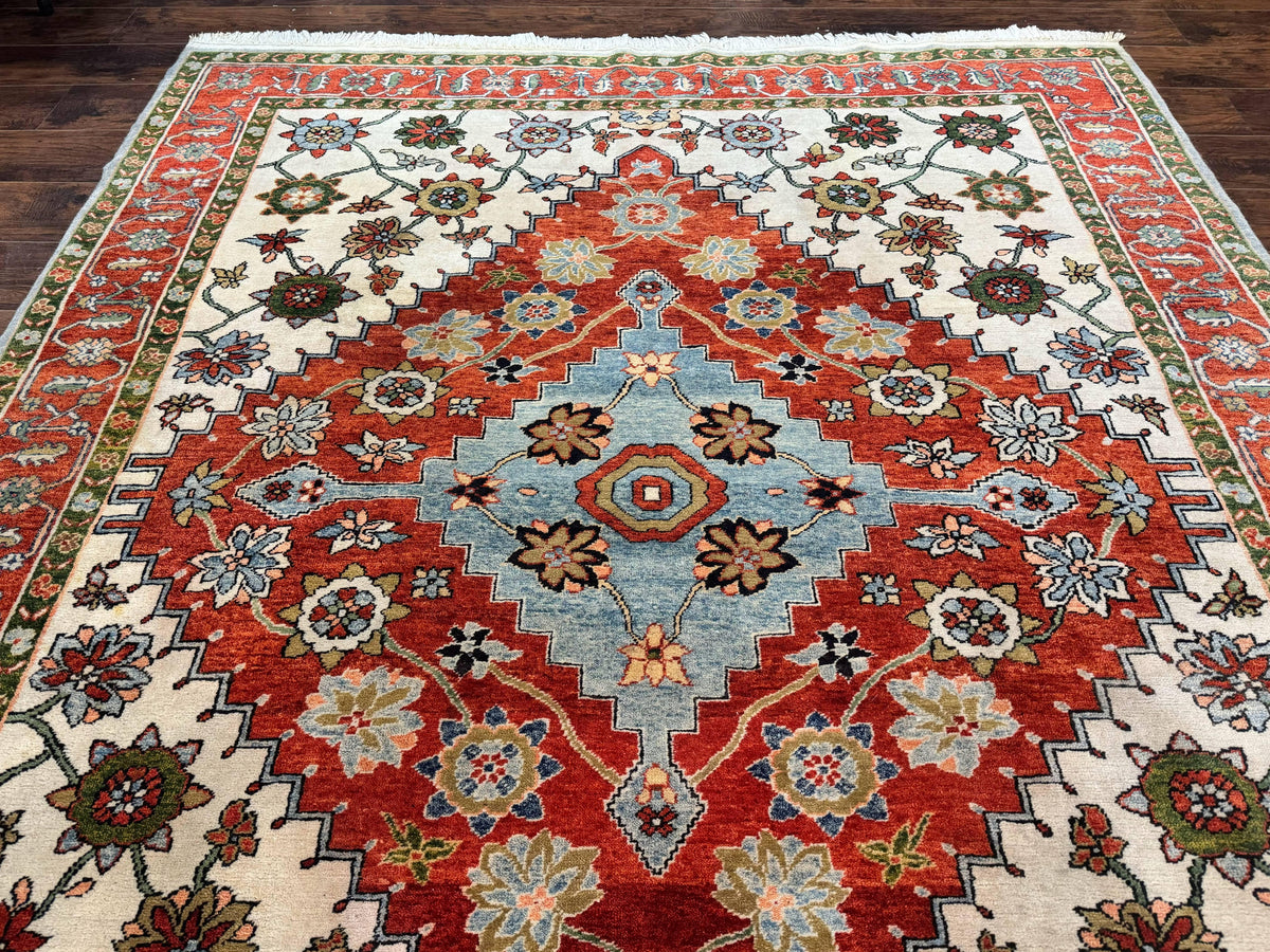 Indo Persian Heriz Rug 7x9, Geometric Pattern, Cream & Light Red, Handmade Vintage Wool Carpet - Jewel Rugs, view 13