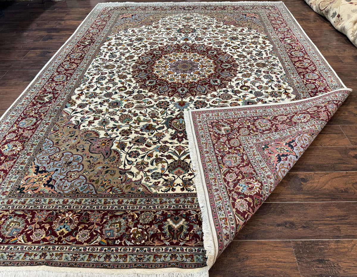 Persian Tabriz Rug 8x11, Floral Medallion Traditional Area Rug, Fine 300 KPSI, Ivory Maroon - Jewel Rugs, view 11