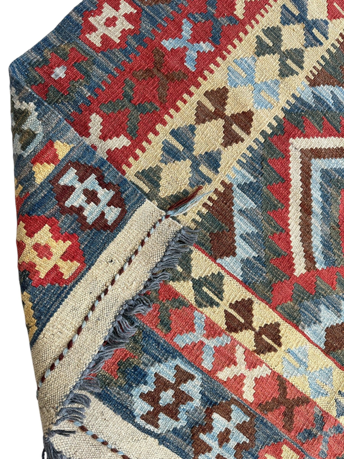 Afghan Maimana Kilim Rug 3x7 | Red, Gray & Beige | Hand-Woven Wool Flatweave - Rugistan, view 5