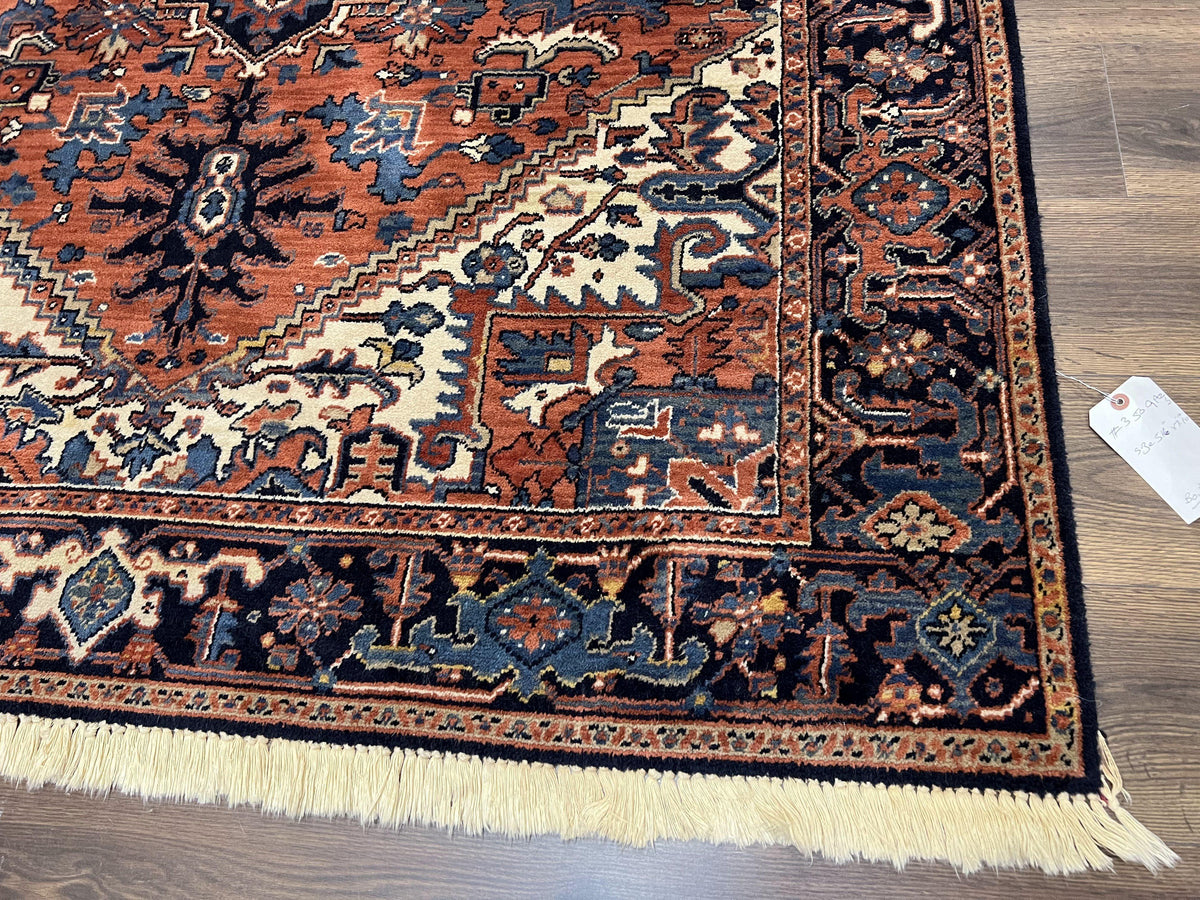 Heriz Rug 5.6 x 8, Geometric Medallion, Wool Oriental Carpet, Tribal Boho Rug, Red Navy Blue Cream, Belgium Power Loomed Rug, Medium Sized - Jewel Rugs, view 10