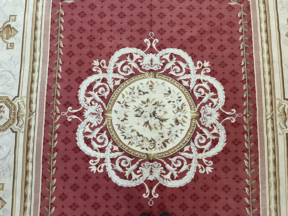 Aubusson Rug 9x12 ft, Red and Ivory Elegant Aubusson Carpet, Flatweave, Vintage Wool Handmade Area Rug 9 x 12, French European Design - Jewel Rugs, view 13