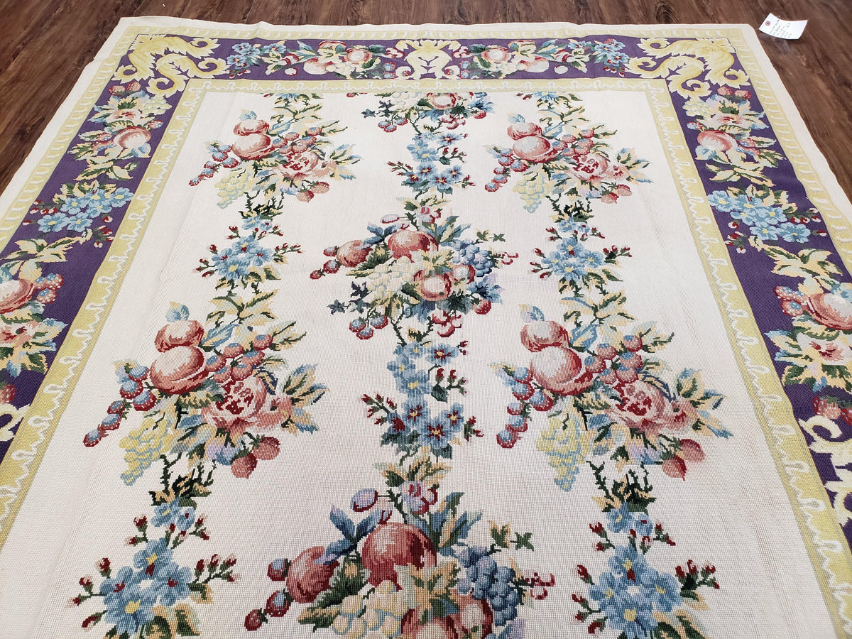 Vintage Chinese Floral Needlepoint Area Rug 6x9, Wool Hand-Woven Handmade Flatweave Rug, Ivory & Purple, Fruits Grapes Apples, Dining Room - Jewel Rugs, view 12
