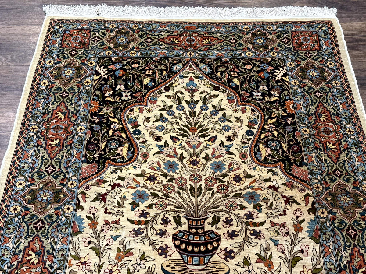 Rare Turkish Hereke Silk Rug 3x5, Tree of Life Persian Vase Design, Very Fine 440 KPSI, Signed - Jewel Rugs, view 8