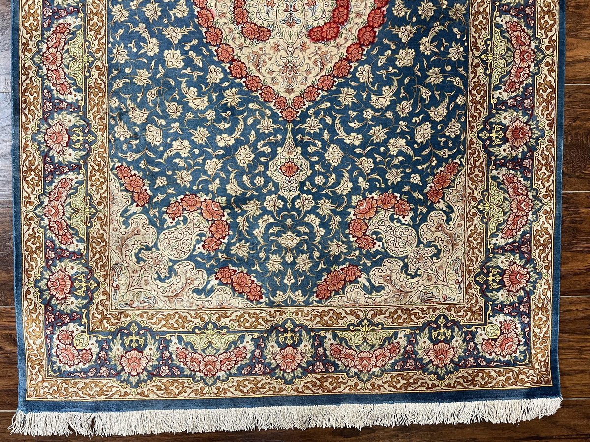 Magnificent Persian Qum Silk Rug 3x5, Blue, Super Fine 675 KPSI - 70 Raj, Floral Roses, Handmade Vintage Silk Carpet, Masterpiece - Jewel Rugs, view 5