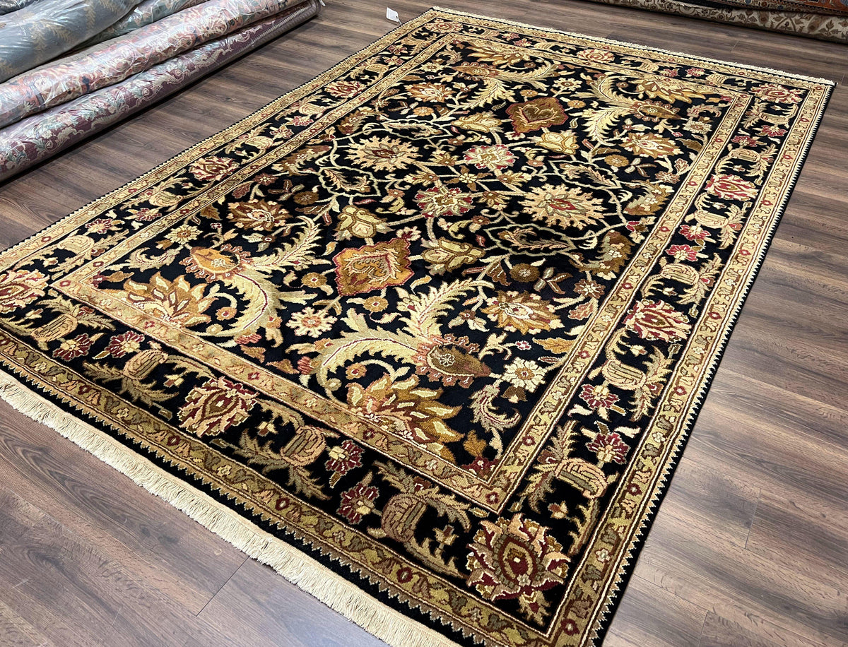 Indo Mahal Sultanabad Rug 8x11, Vintage Indian Oriental Carpet, Wool Handmade Floral Rug 8 x 11 ft, Black Beige Tan, Large Flowers Allover - Jewel Rugs, view 3